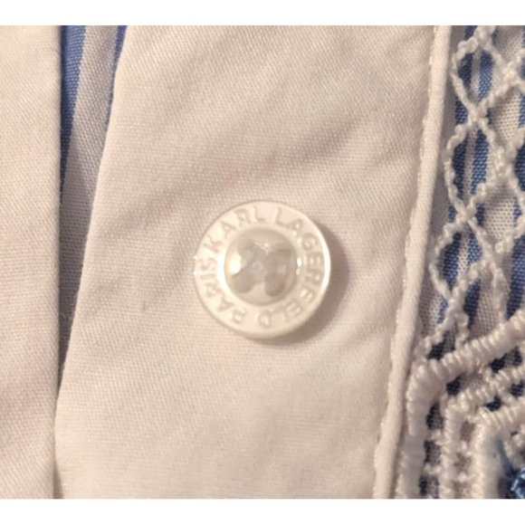 Authentic KARL LAGERFELD PARIS Blue Striped Cotton Blouse w/ Lace Sleeves Size S - Picture 7 of 8